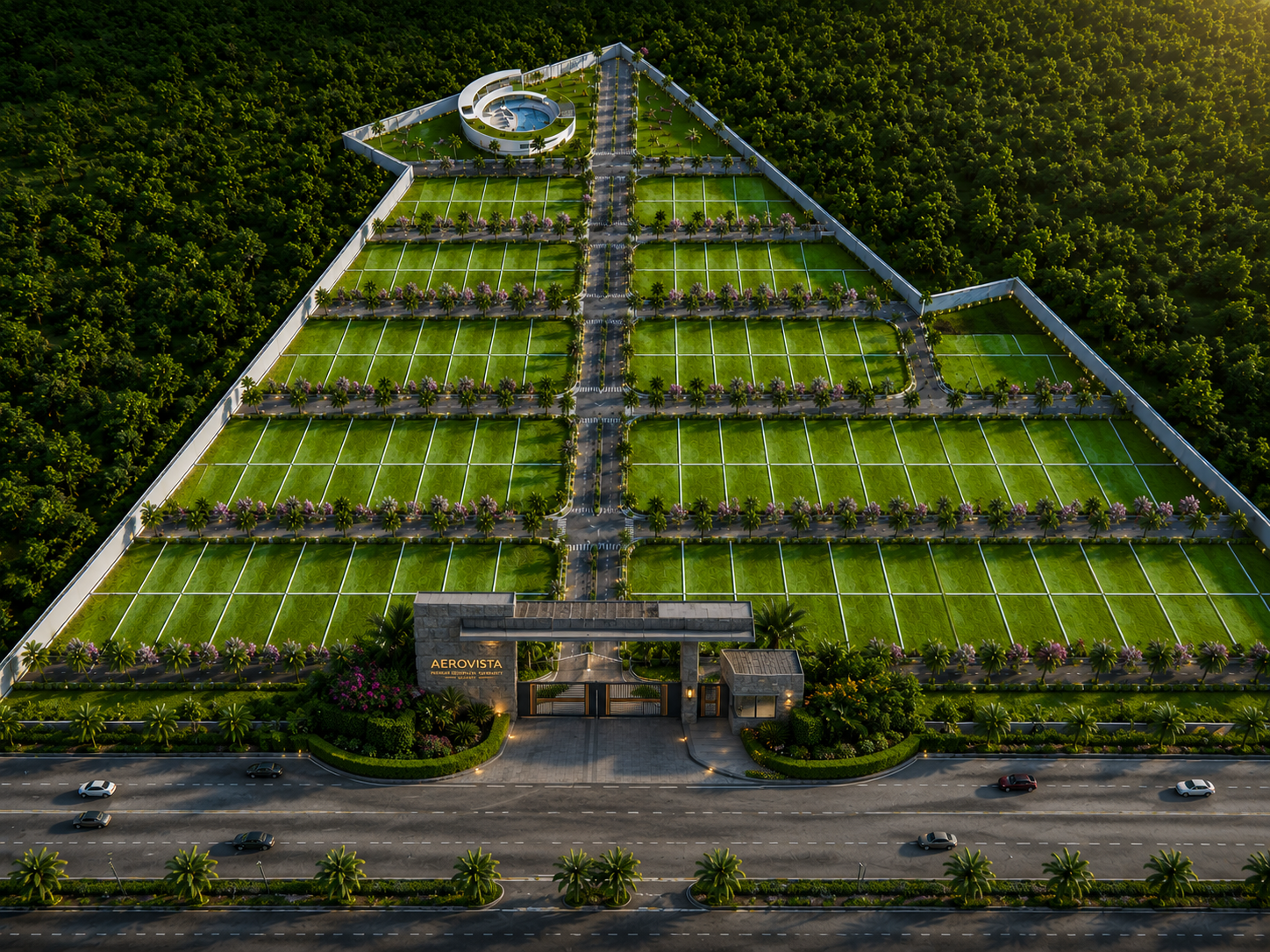 AeroVista 3D aerial view showing triangular gated community with plots, clubhouse, and pool