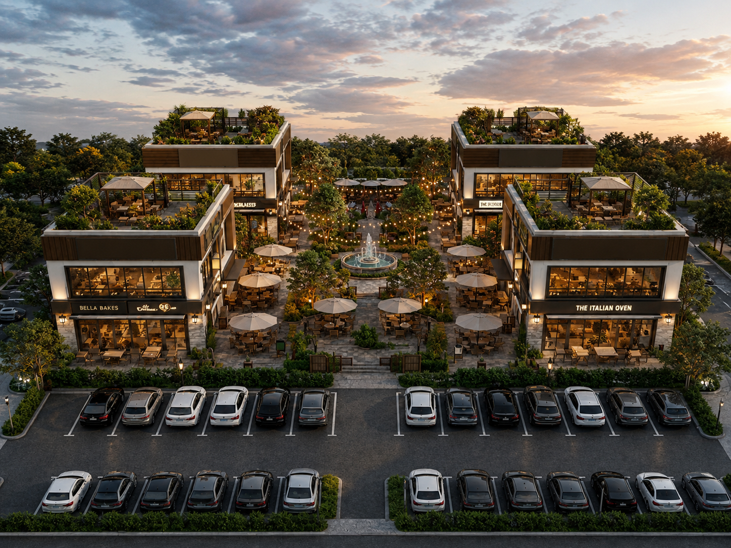 Flavour Town aerial view showing commercial plaza layout with parking and central courtyard
