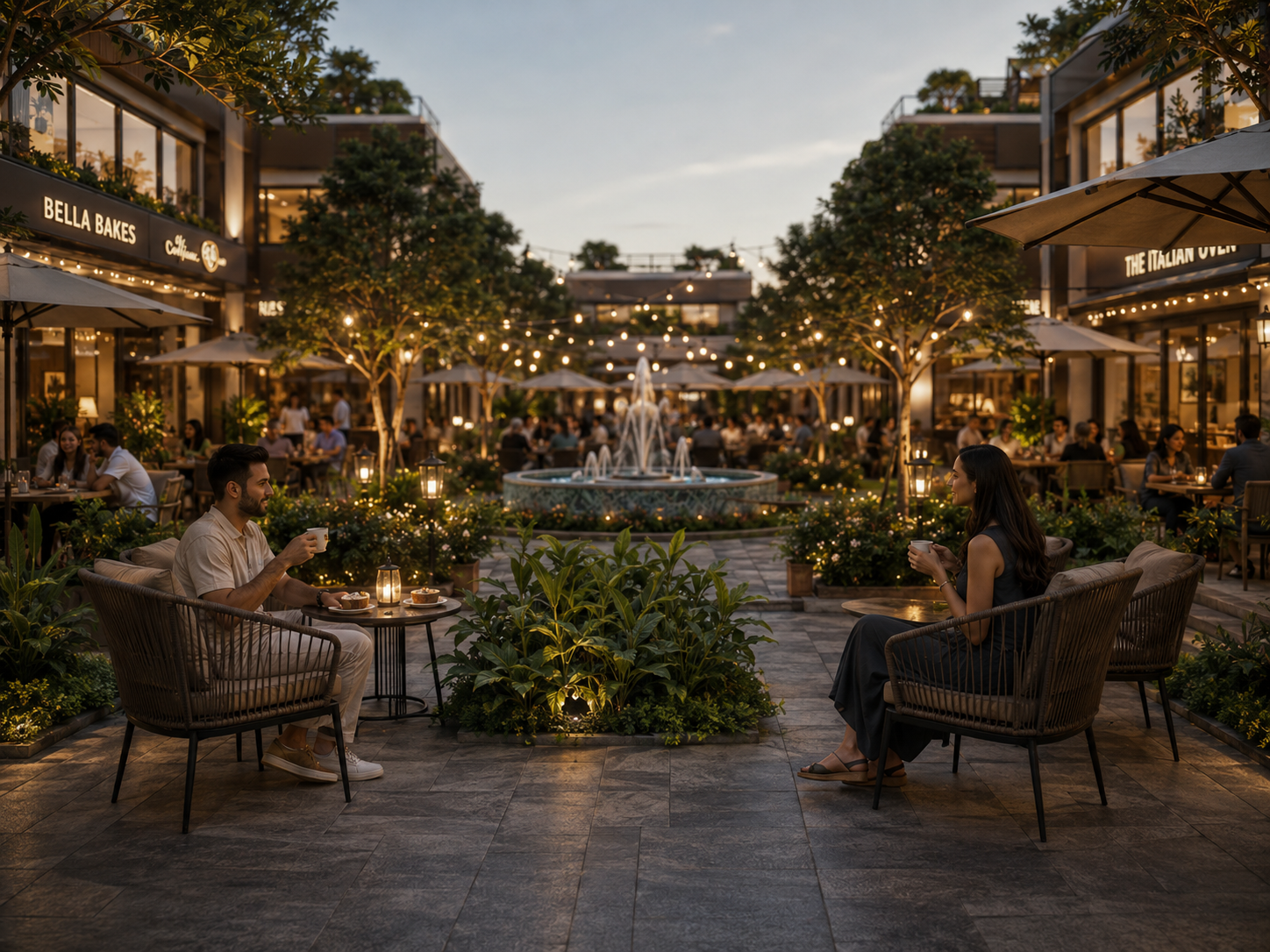 People enjoying evening at Flavour Town commercial plaza with fountain and restaurants
