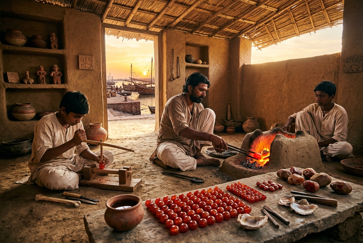 Lothal Bead-Making Workshop — Harappan artisans heating carnelian beads over clay furnace