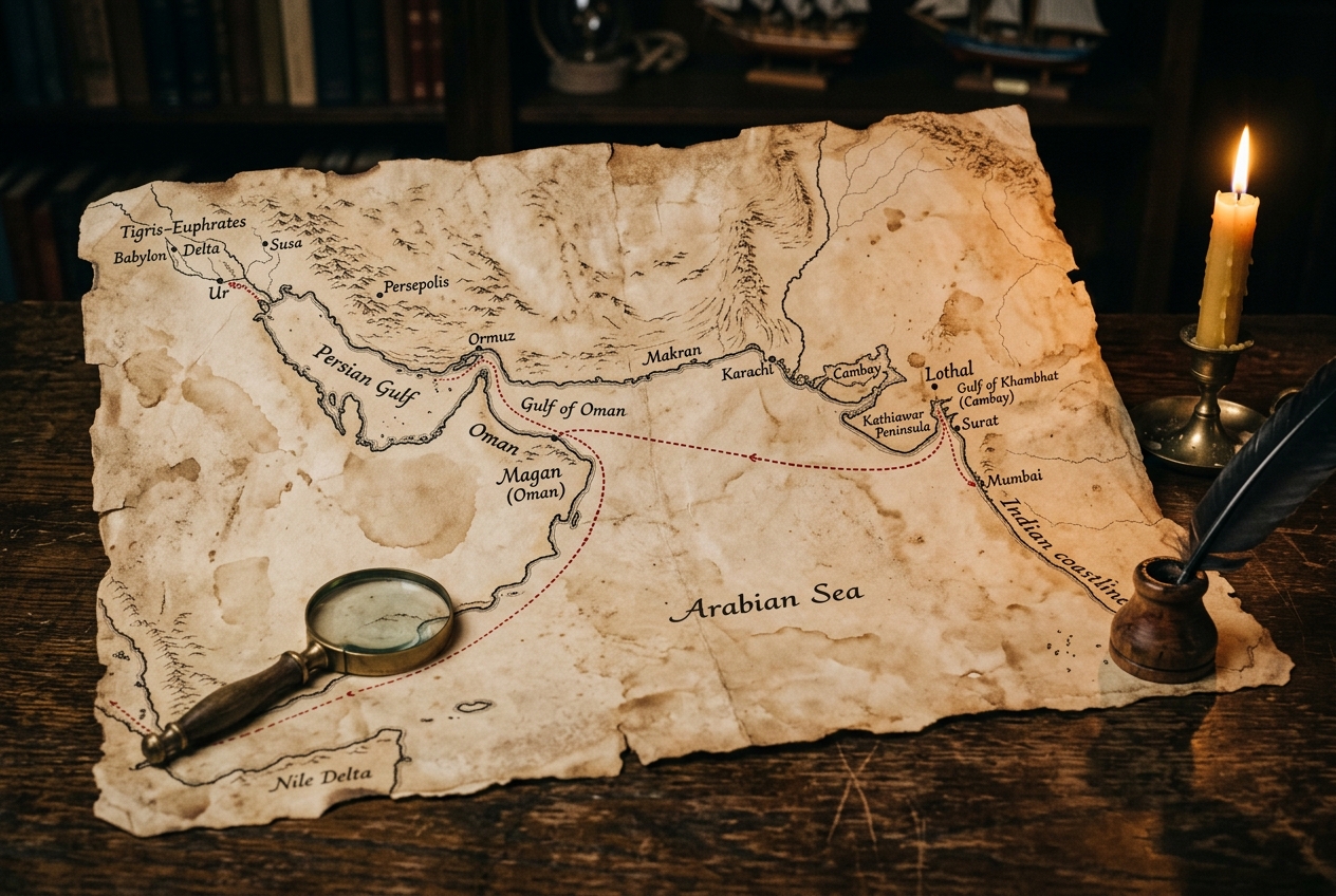 Ancient trade route from Lothal to Mesopotamia — Lothal to Oman (Magan) to Ur