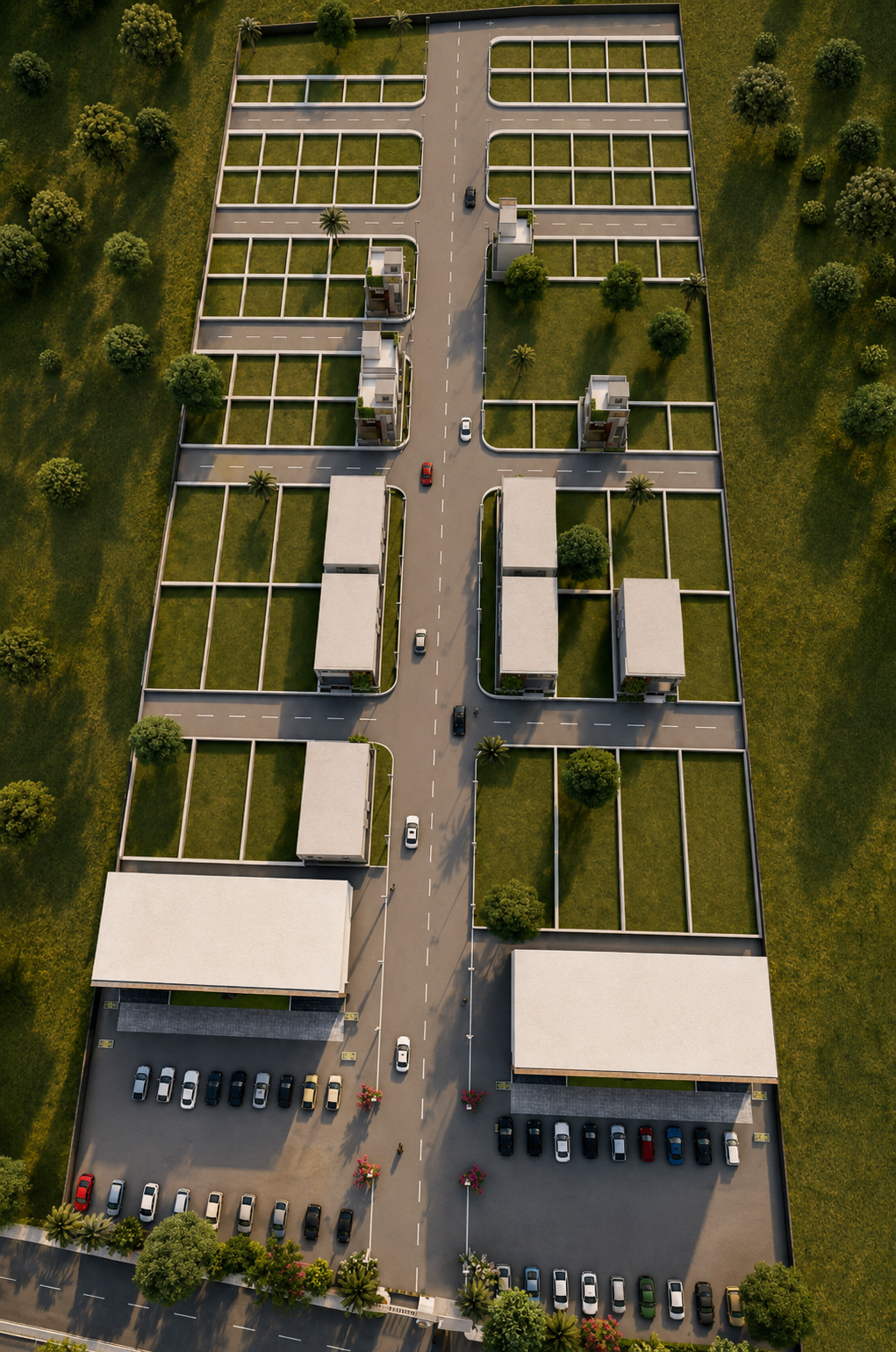 MoneyPlant aerial view showing township split by central road with commercial front and residential plots