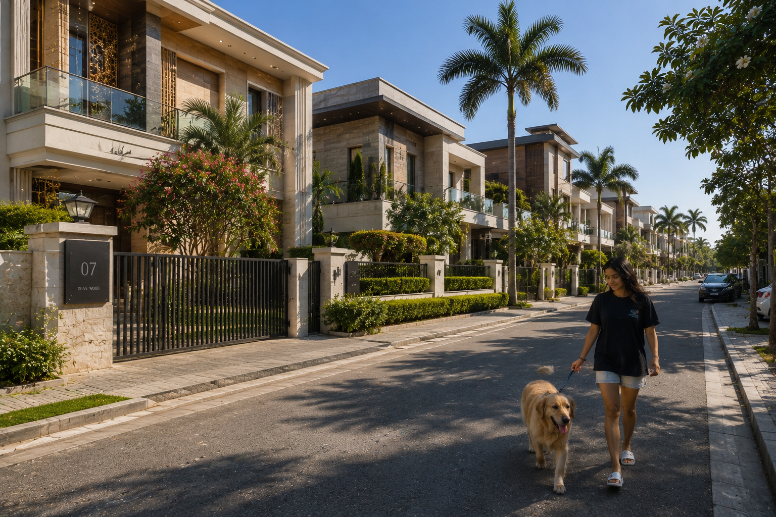 Resident walking dog through MoneyPlant community paths