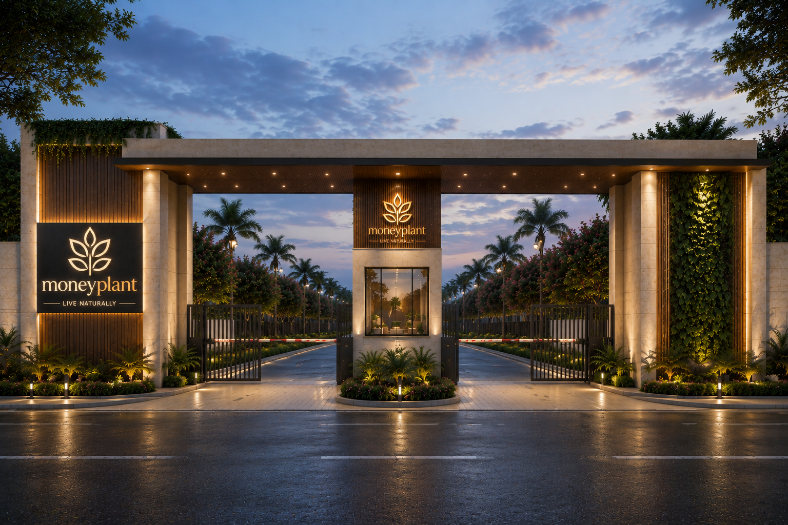 MoneyPlant gated community at night