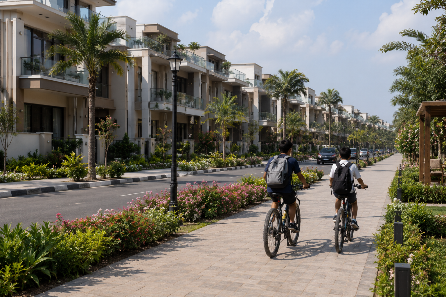 Children cycling along a tree-lined path in the gated community