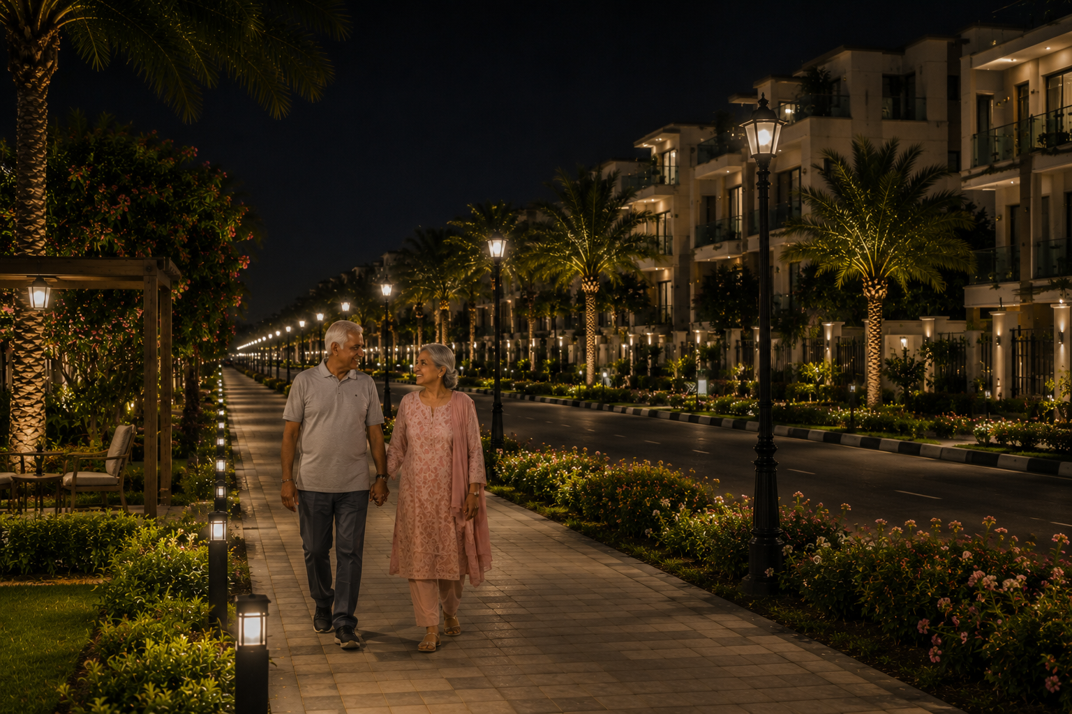 Residents enjoying an evening walk along lit pathways in the community
