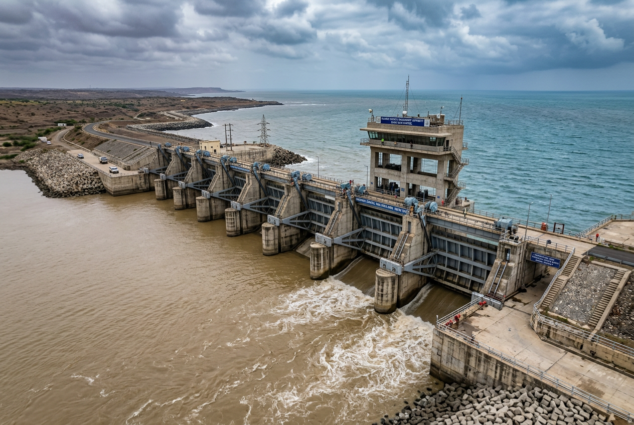 Tidal sluice gates at river mouth — automated gates preventing seawater backflow during high tide